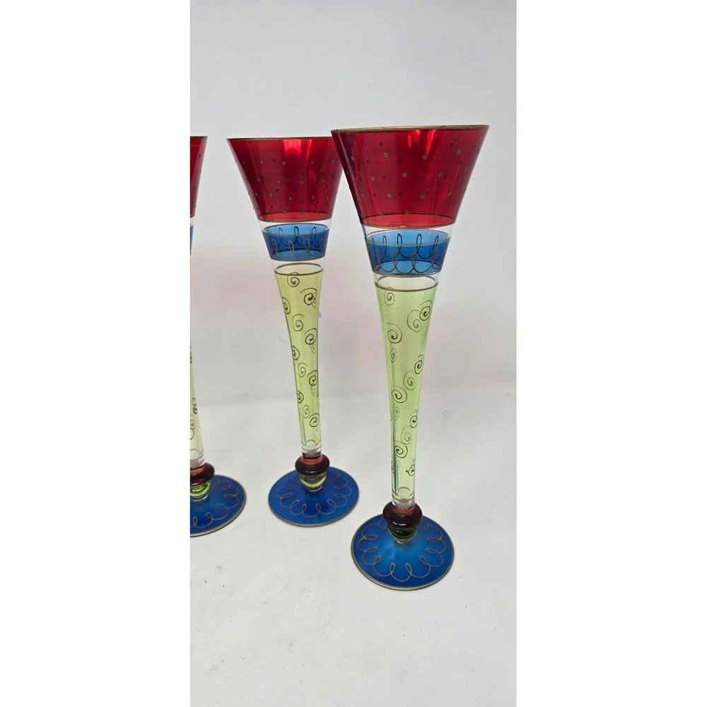 Pier 1 hand painted and blown Champagne flutes Multi Color hollow stem set of‎ 4